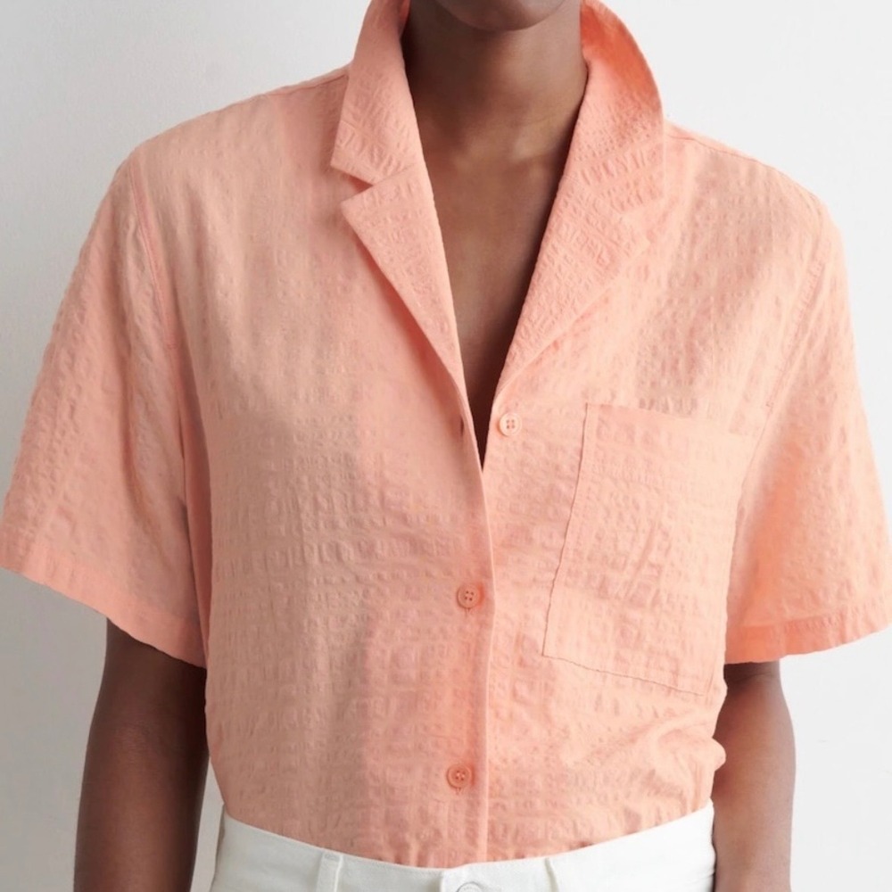NWT COS Seersucker Shirt Women 10 Short Sleeve Button Up Boxy Minimalist Summer